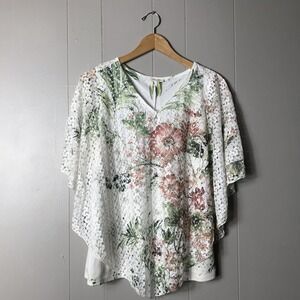 BRITTANY BLACK CROCHET LACE FLORAL PRINT SHEER SHAWL BLOUSE LINED WOMENS LARGE